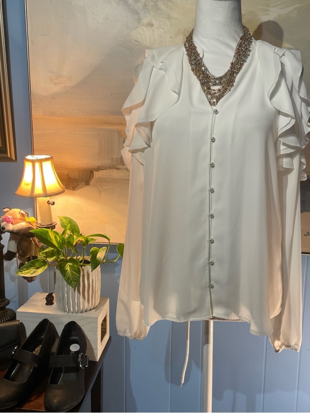 Ivanka Trump Cream Ruffled Shoulder Button-Front Blouse